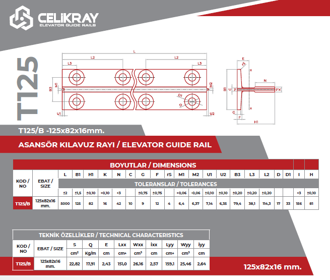Çelikray 125 x 82 x16 ( B ) Asansör Rayı