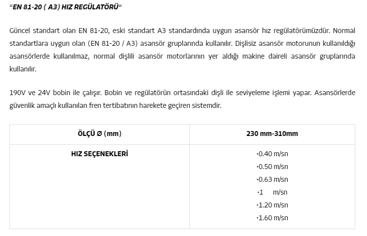EN 81-20 ( A3) HIZ REGÜLATÖRÜ (LİMAS)