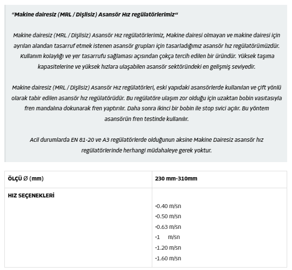 Makine dairesiz  Asansör Hız regül (LİMAS)